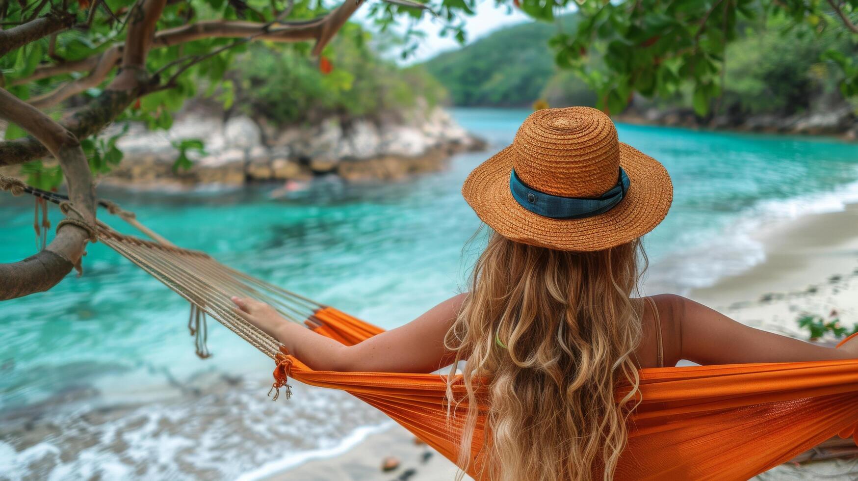 ai genererad kvinna avkopplande i hängmatta på strand foto