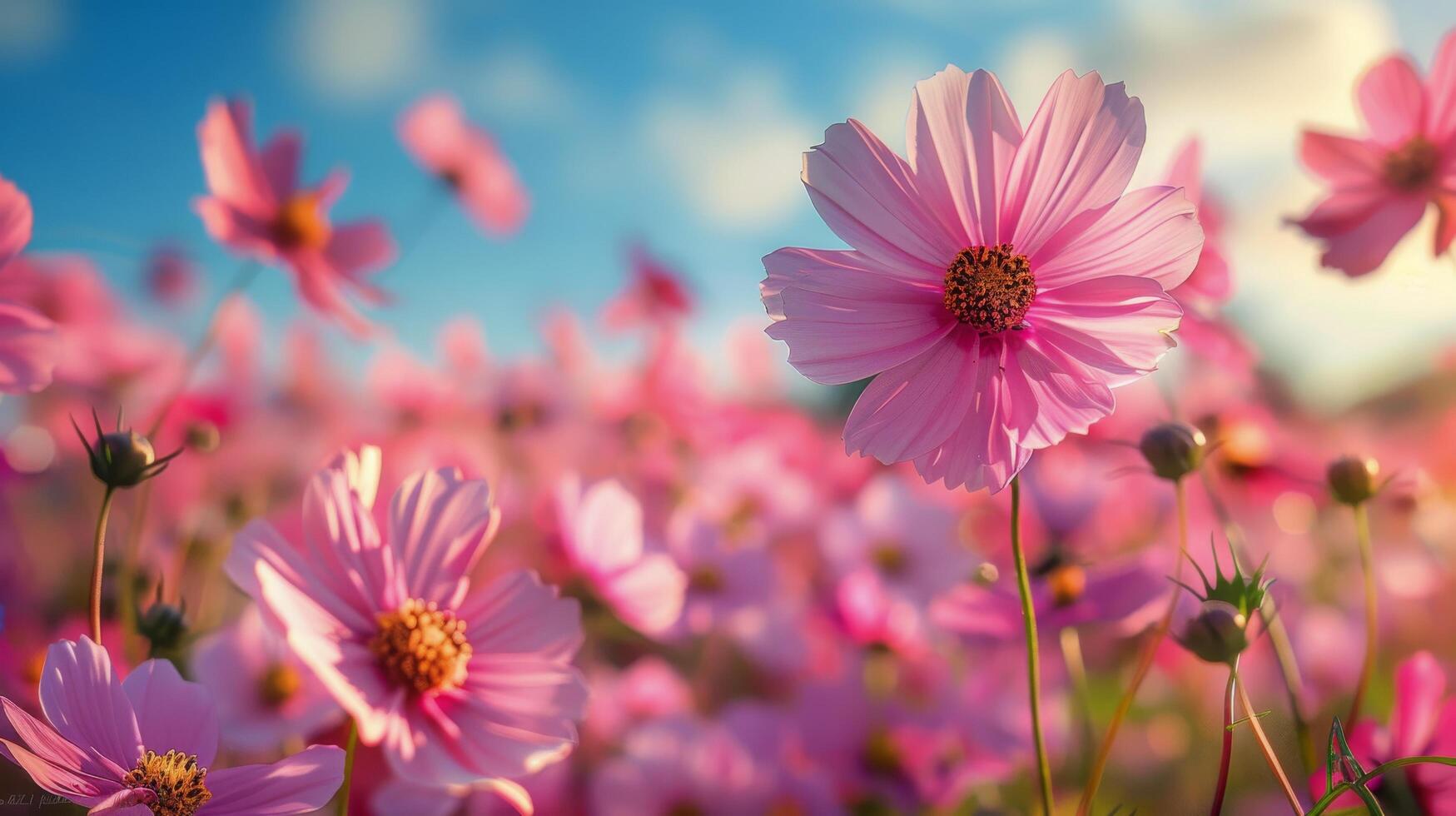 ai genererad fält av rosa blommor under blå himmel foto