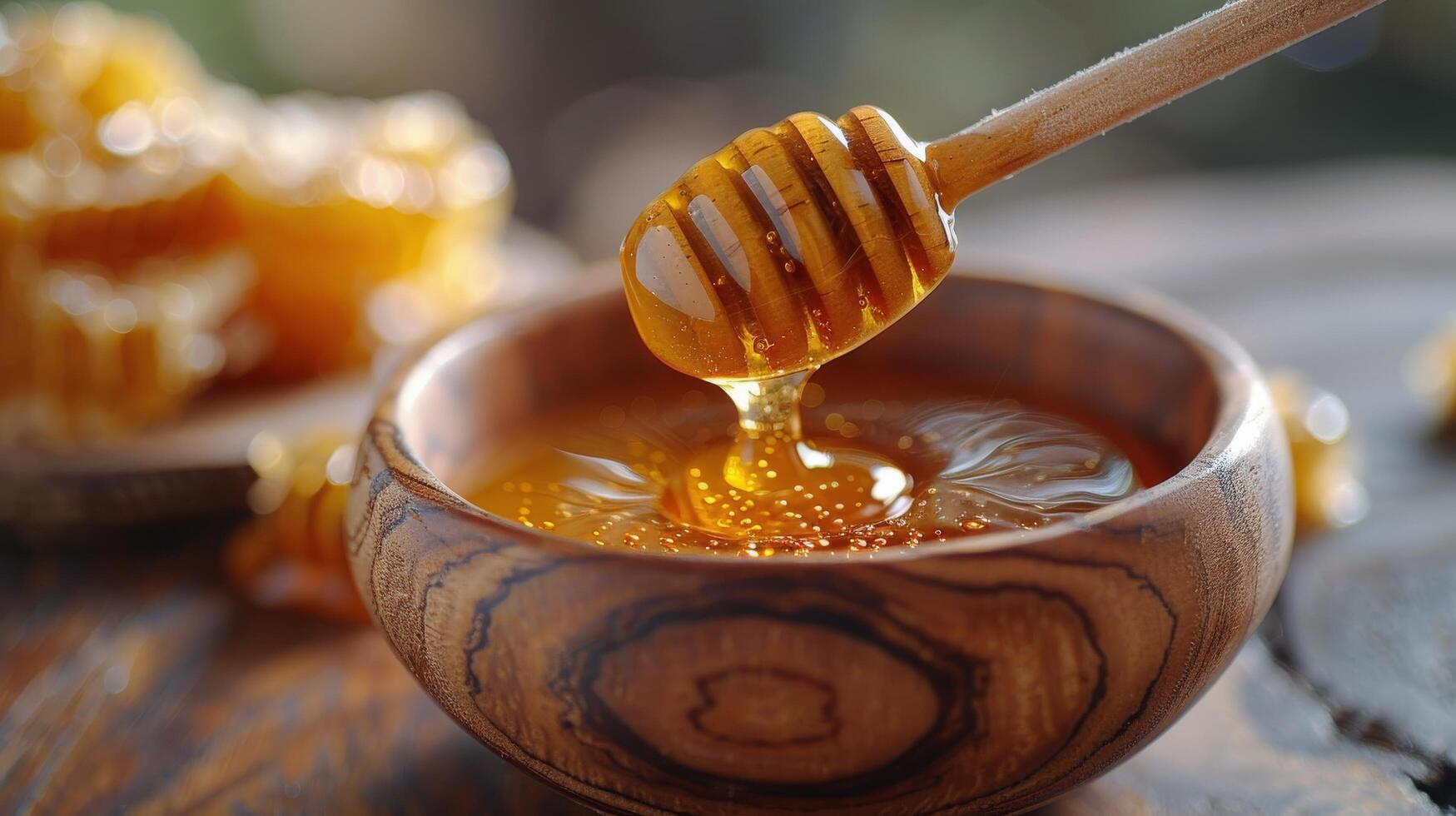 ai genererad trä- skål fylld med honung på tabell foto