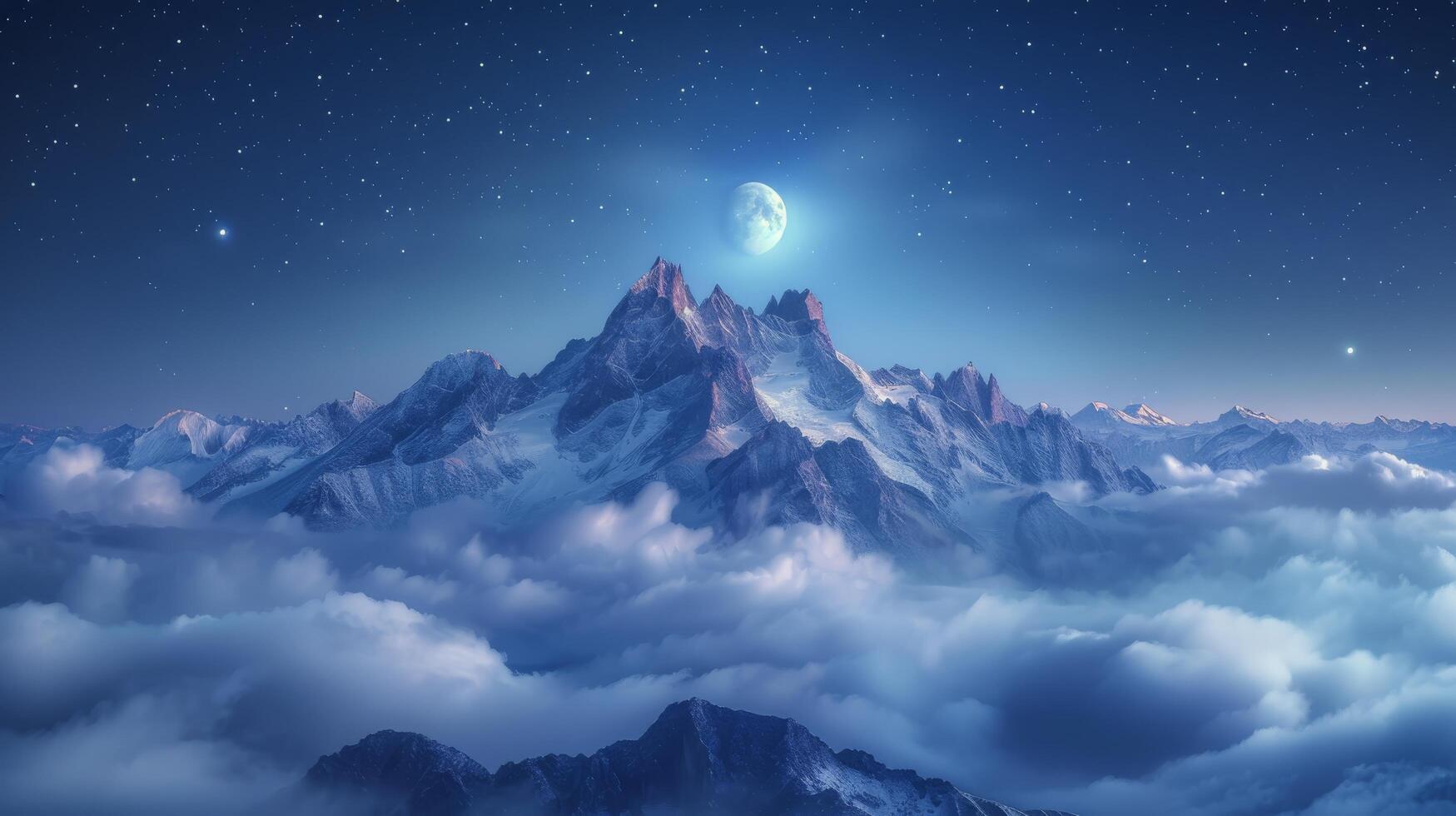 ai genererad månljus berg höljd i moln foto
