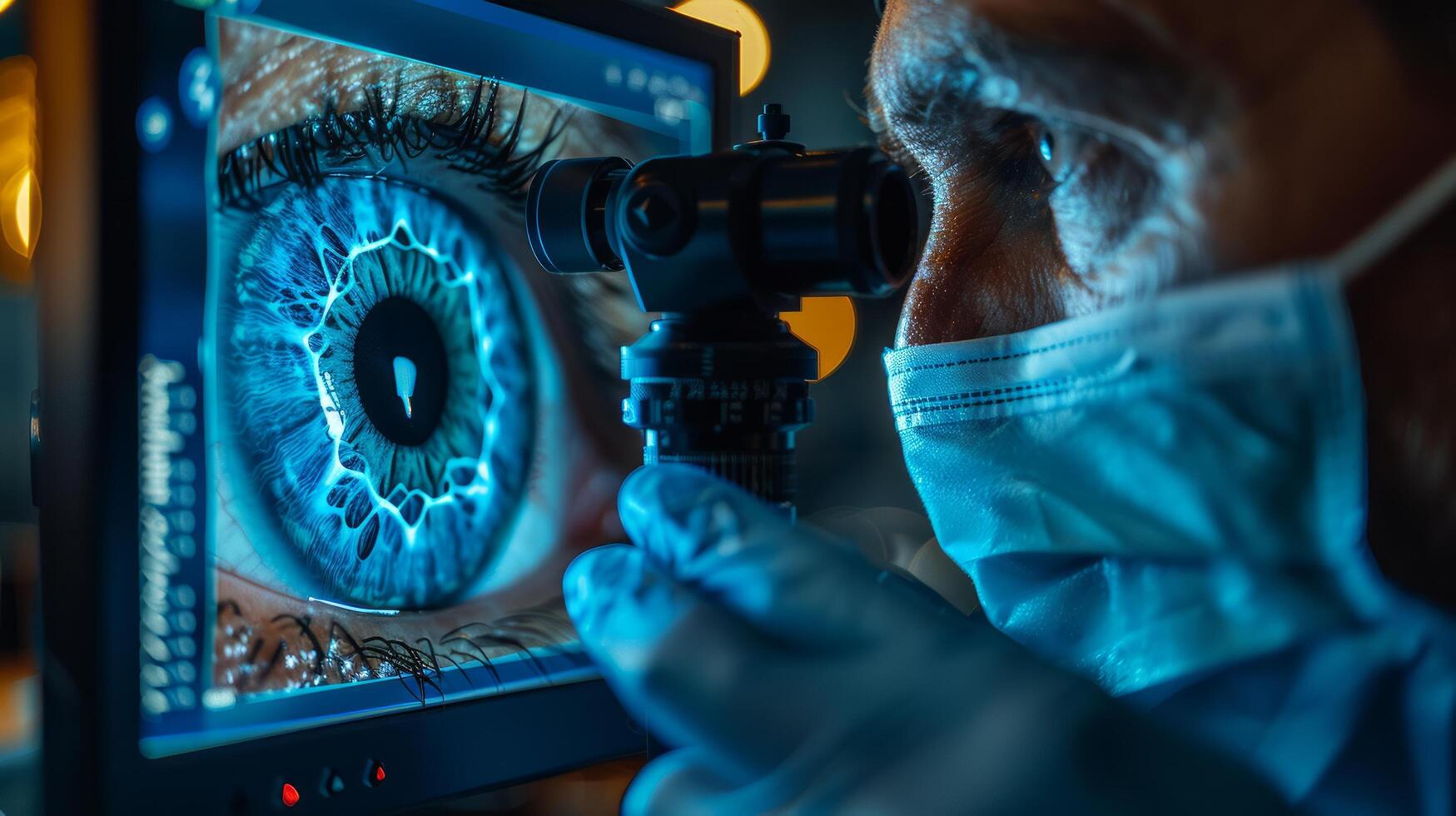 ai genererad man ser på dator skärm med eyeball foto