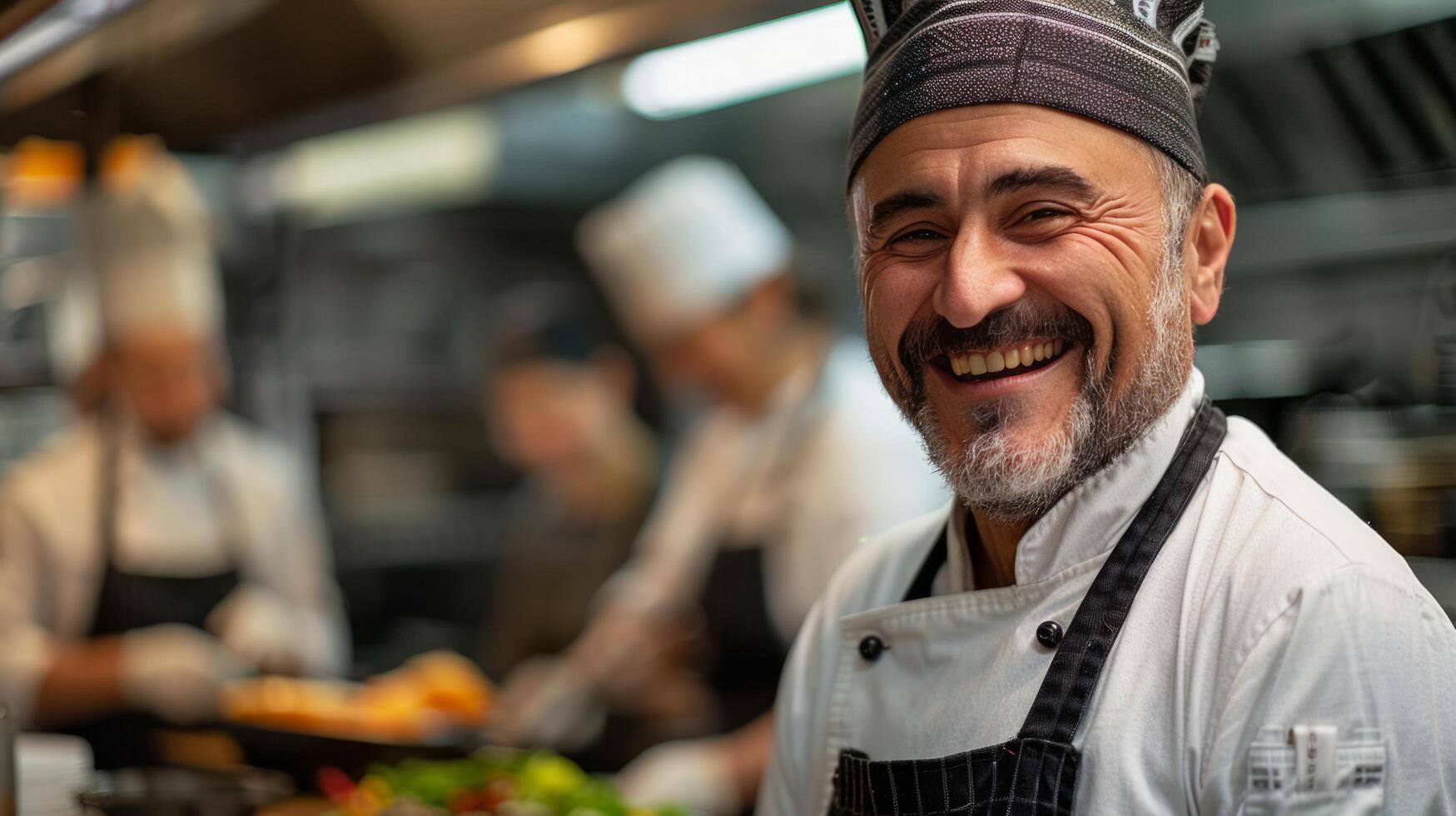 ai genererad leende man i kockar hatt i kök foto