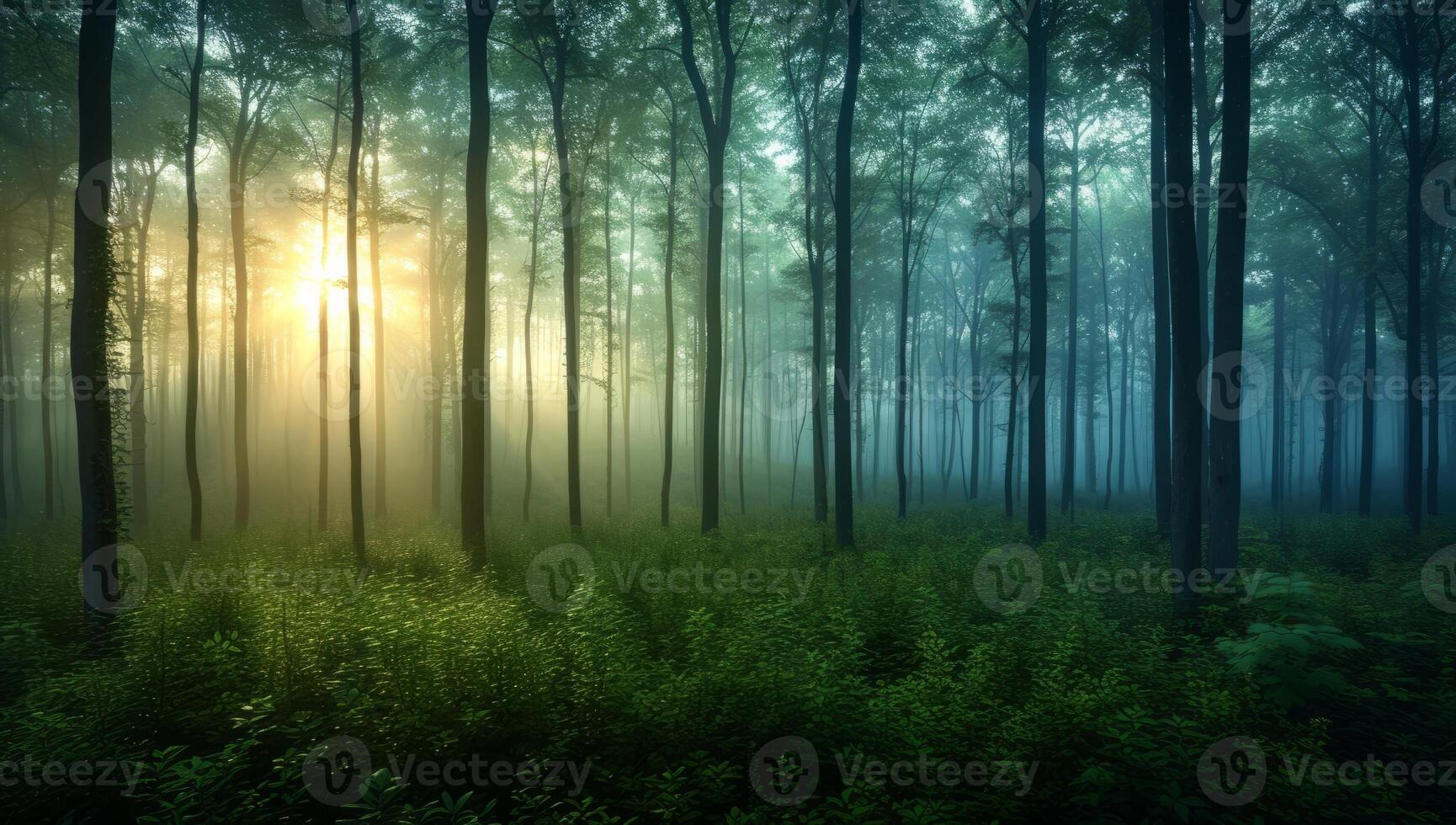 ai genererad mystisk dimmig skog på soluppgång med solstrålar genomträngande genom träd. atmosfärisk skog landskap med dimmig undervegetation och solljus strålar i morgon- dis. foto