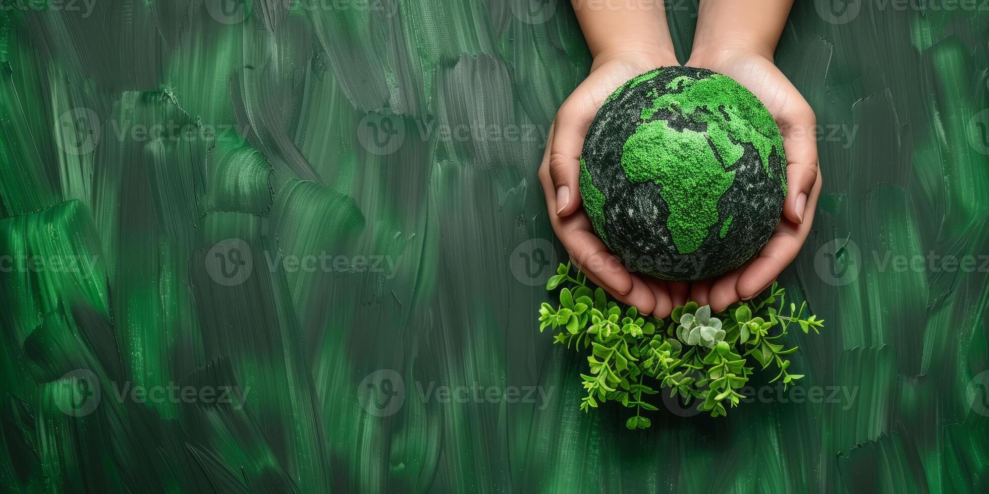 ai genererad stänga upp av en childs händer innehav en klot med grön kontinenter, symboliserar miljö- skydd och en hållbar framtida. jord dag begrepp. foto