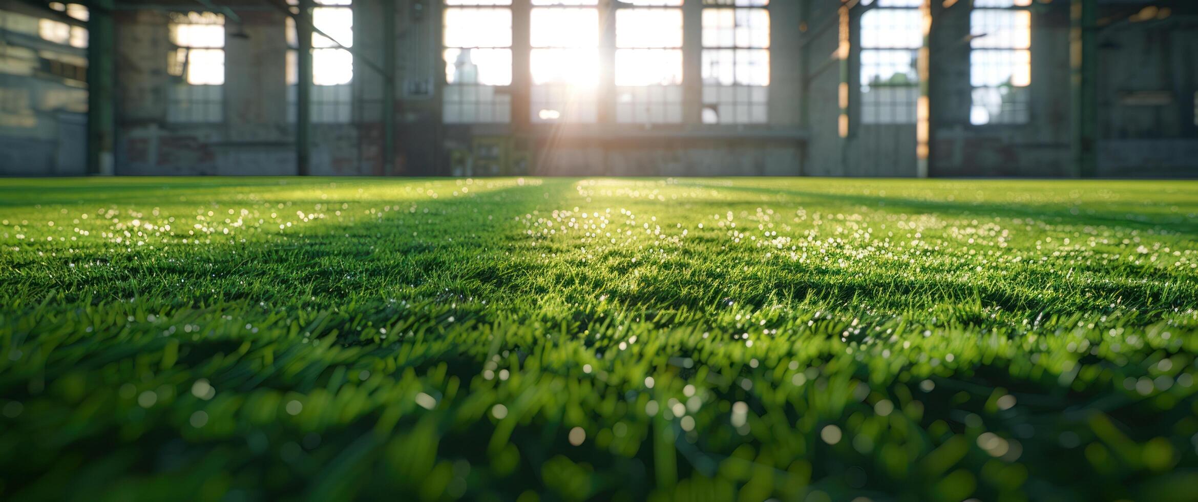 ai genererad gräs fält i ett inomhus- Träning sporter fält foto