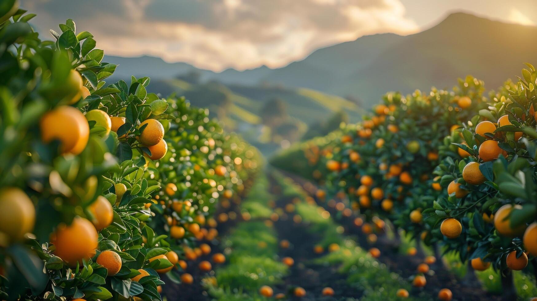 ai genererad en citrus- lund, med rader av orange och citron- träd stretching in i de distans foto