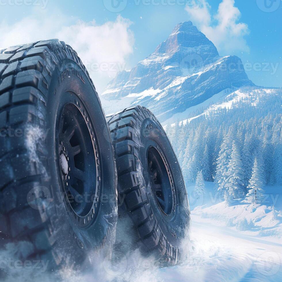 ai genererad svart däck placerad mot en snöig berg bakgrund för social media posta storlek foto