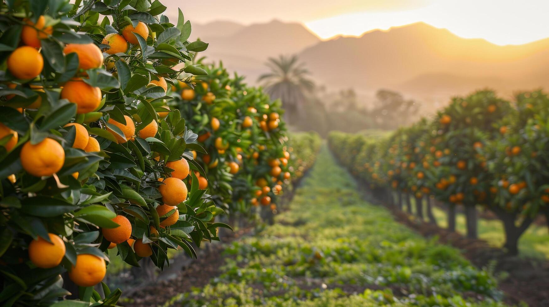 ai genererad en citrus- lund, med rader av orange och citron- träd stretching in i de distans foto