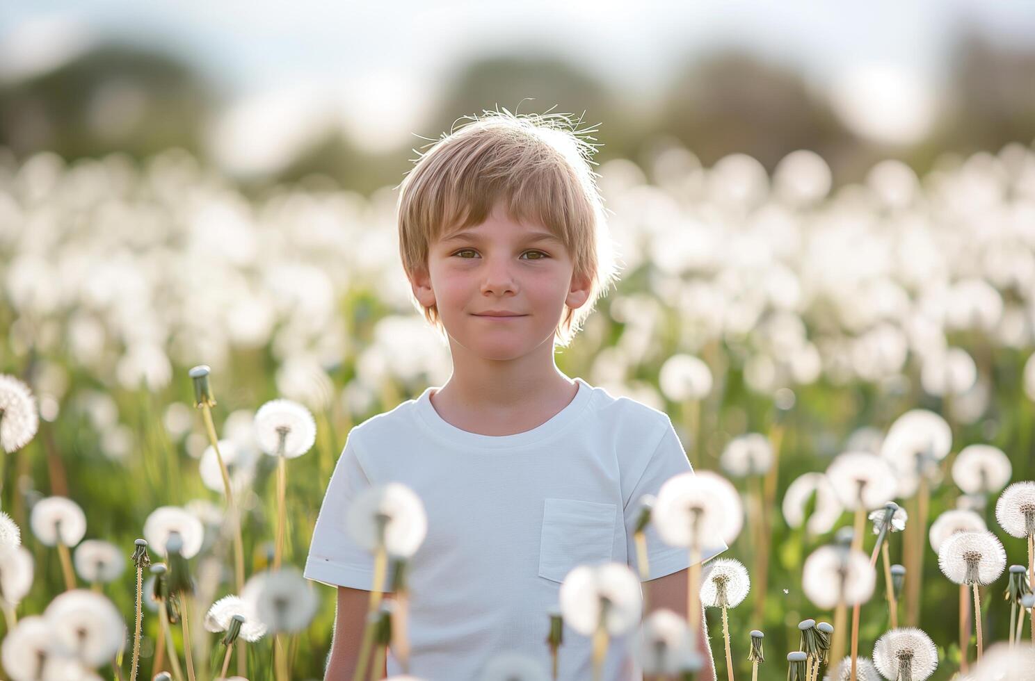 ai genererad ung pojke bland maskrosor foto