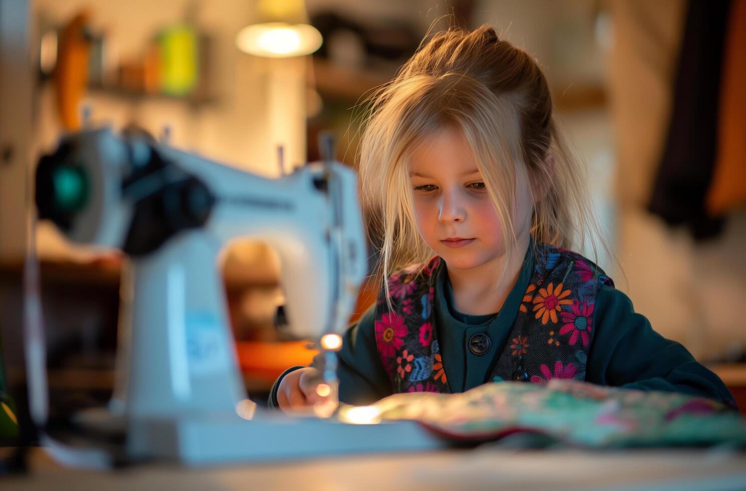 ai genererad flicka sömnad på maskin foto