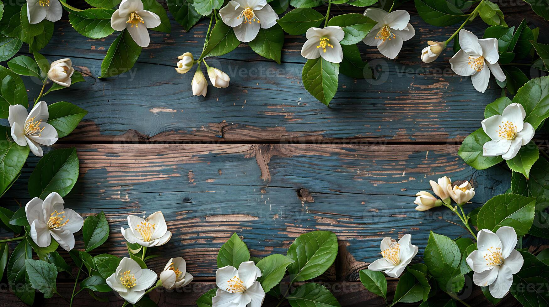 ai genererad jasmin blommor på en trä- tabell foto