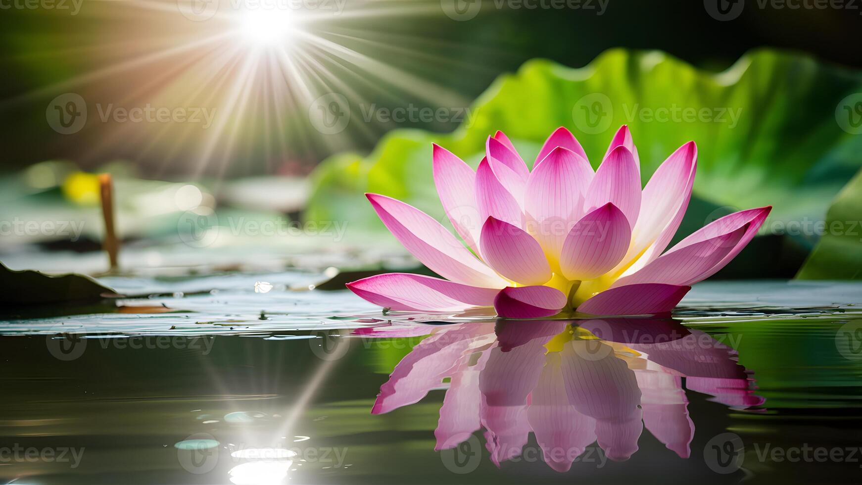ai genererad skön lila lotus blomma med Sol blossa över fortfarande vatten foto