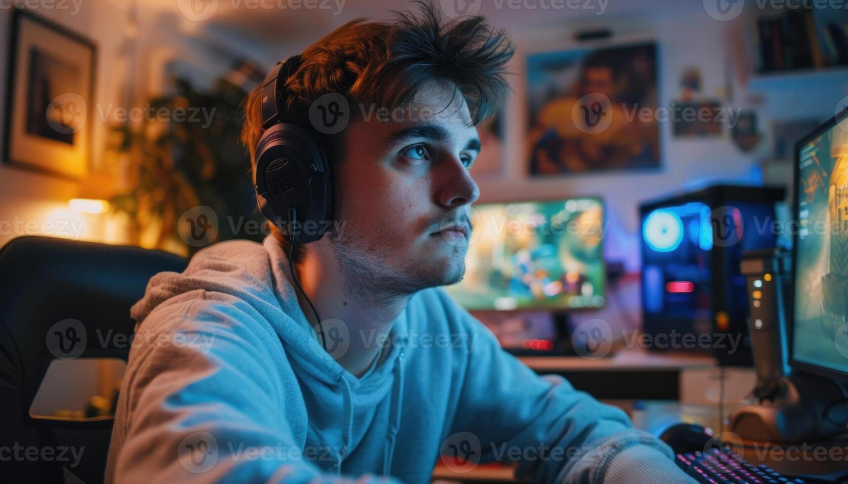 ai genererad ung man gaming på dator på natt foto