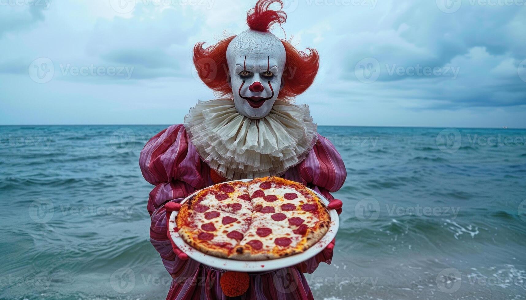 ai genererad kuslig clown med pizza på havsstrand foto