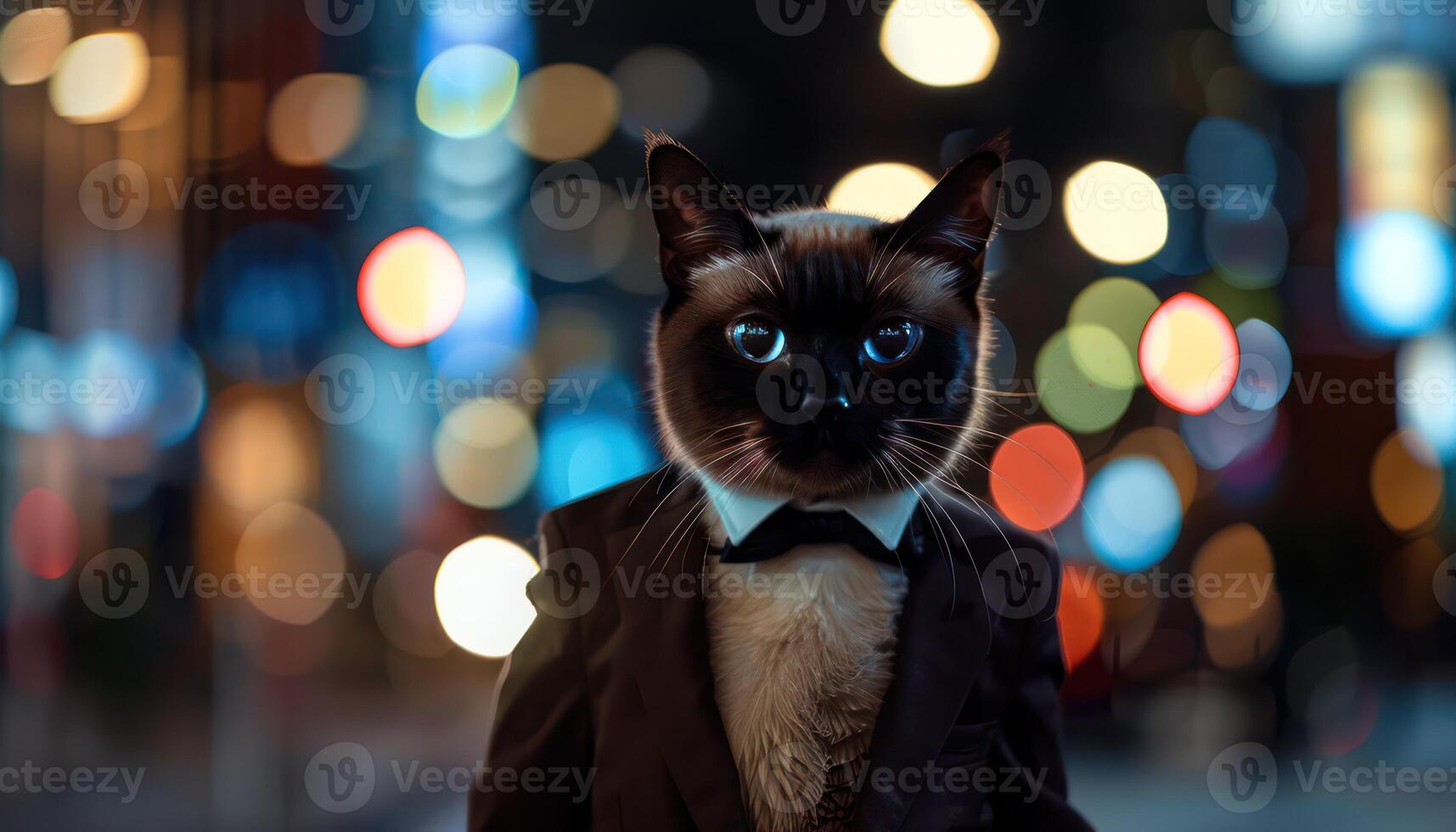 ai genererad elegant siamese katt i smoking mot bokeh lampor foto