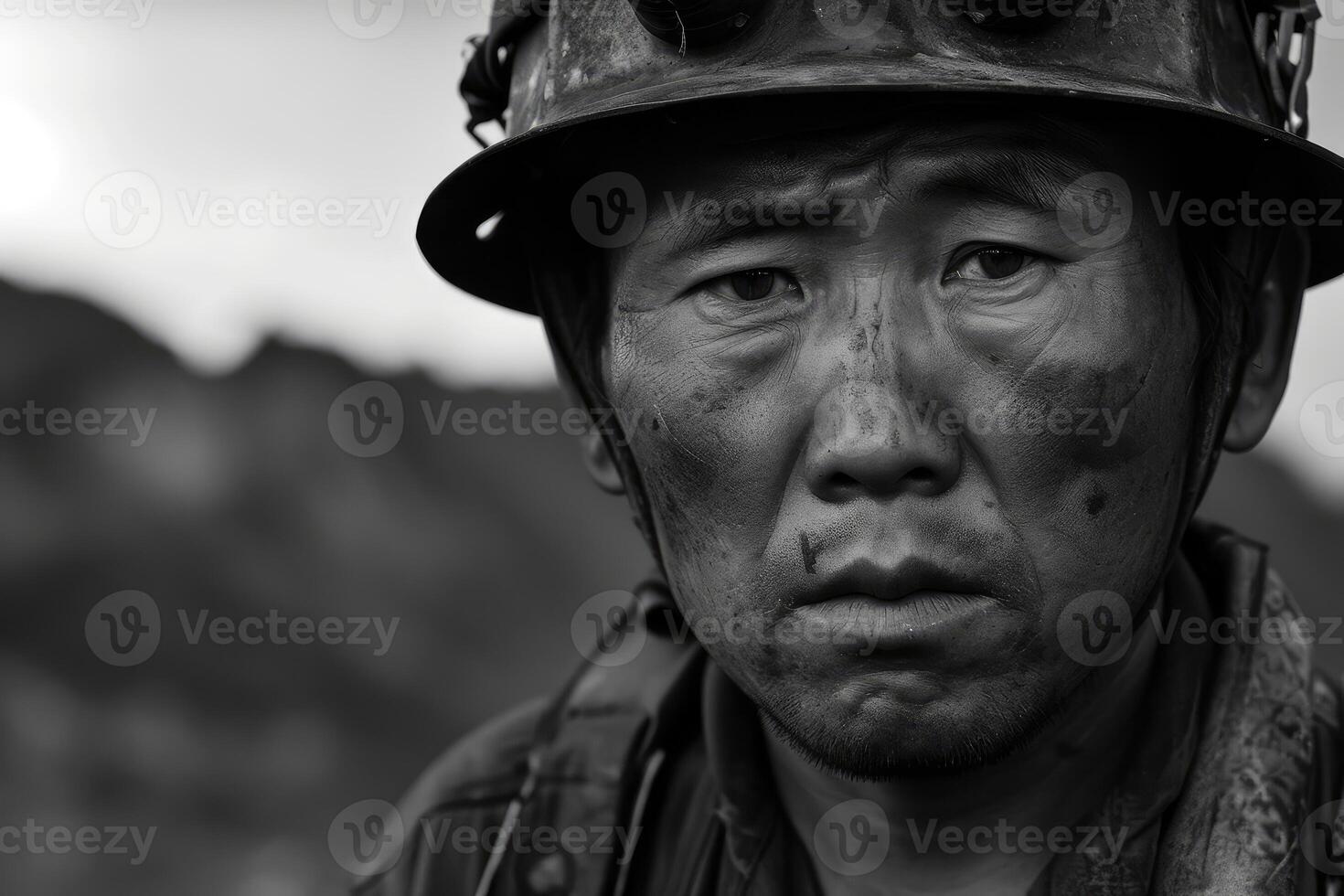 ai genererad utmattad asiatisk gruvarbetare arbetstagare smutsig ansikte. generera ai foto