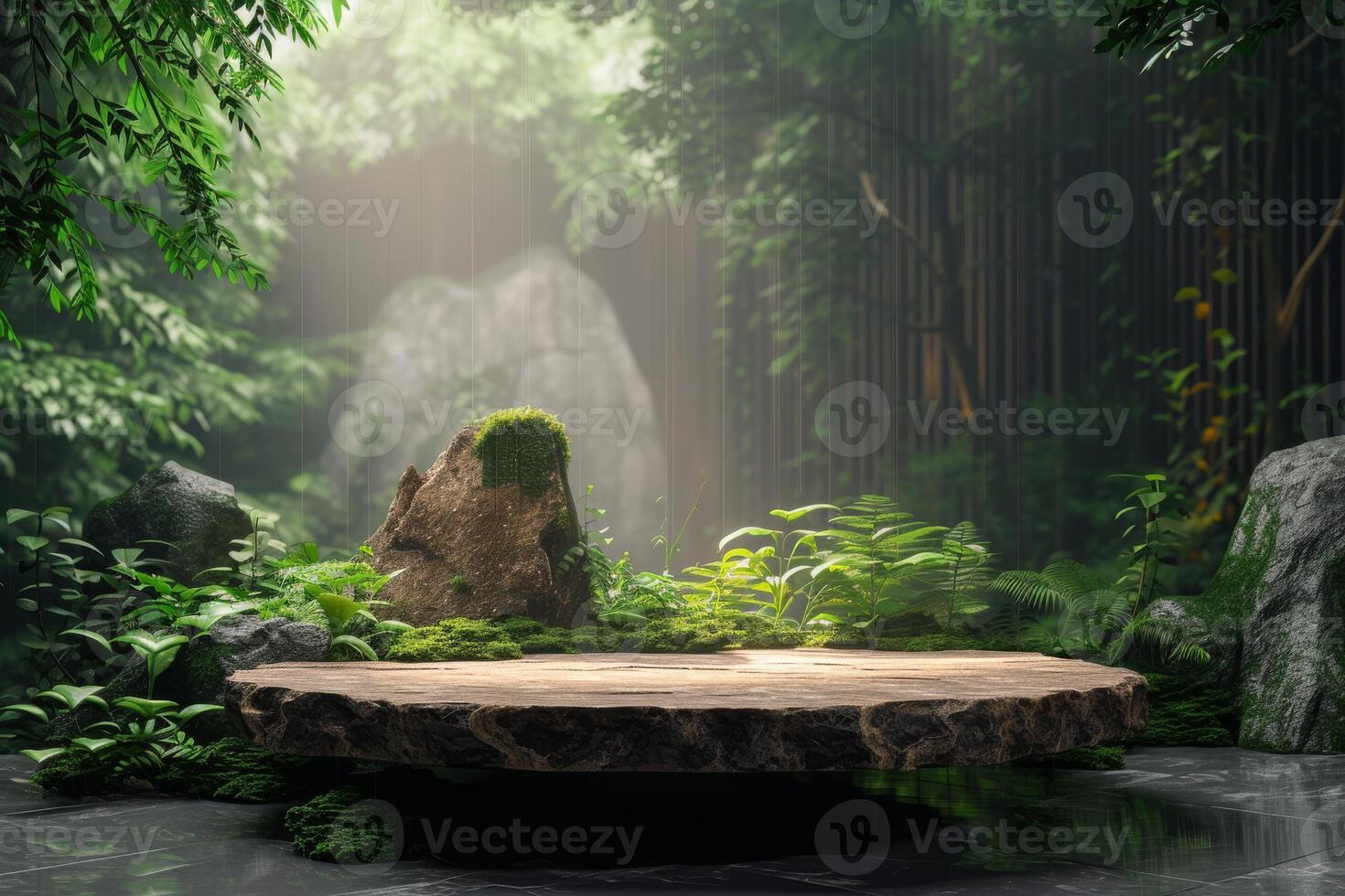 ai genererad en lugn podium inspirerad förbi en frodig skog, terar organisk texturer foto
