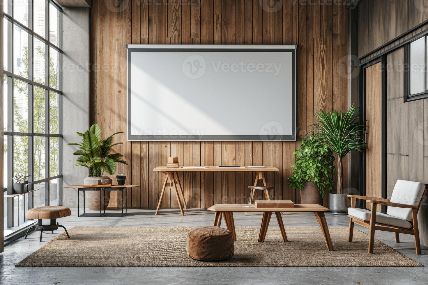 ai genererad en minimalistisk modern kontor terar en whiteboard vägg foto