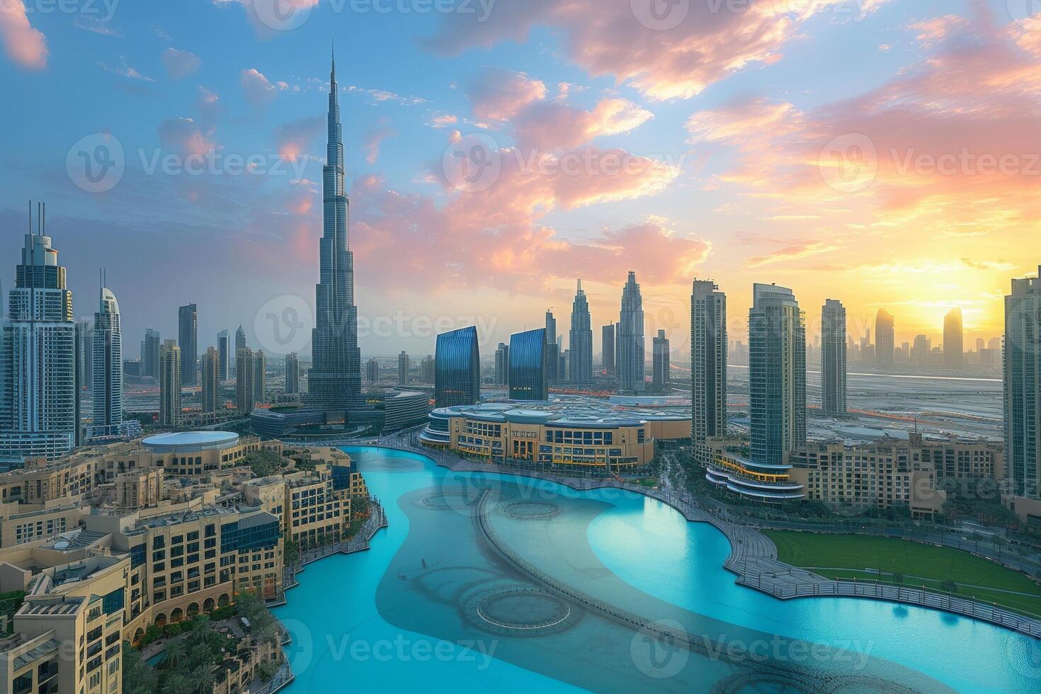 ai genererad stad horisont av dubai från de observation däck av de burj khalifa foto