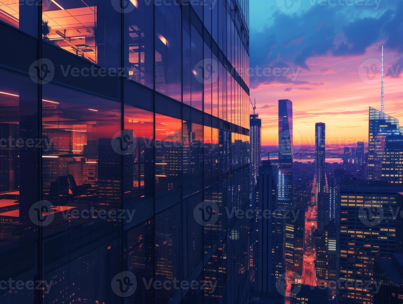 ai genererad kväll lampor belysande en modern kontor torn mot de bakgrund av de stad horisont foto