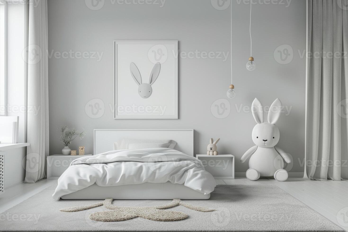 ai genererad en minimalistisk ungar' sovrum terar rena rader och en neutral Färg palett foto