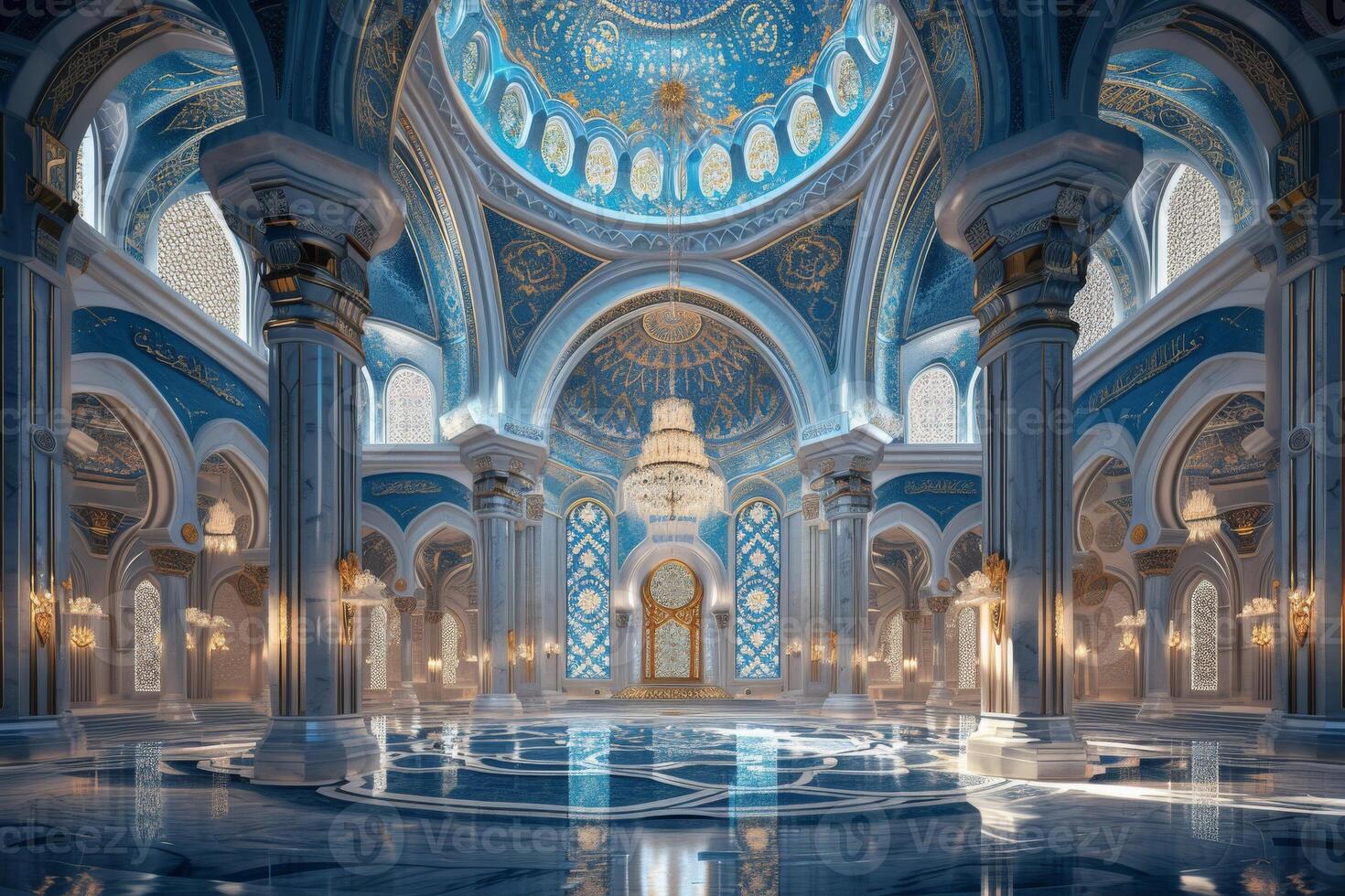 eterisk kupol och mihrab inom en himmelsk moské foto