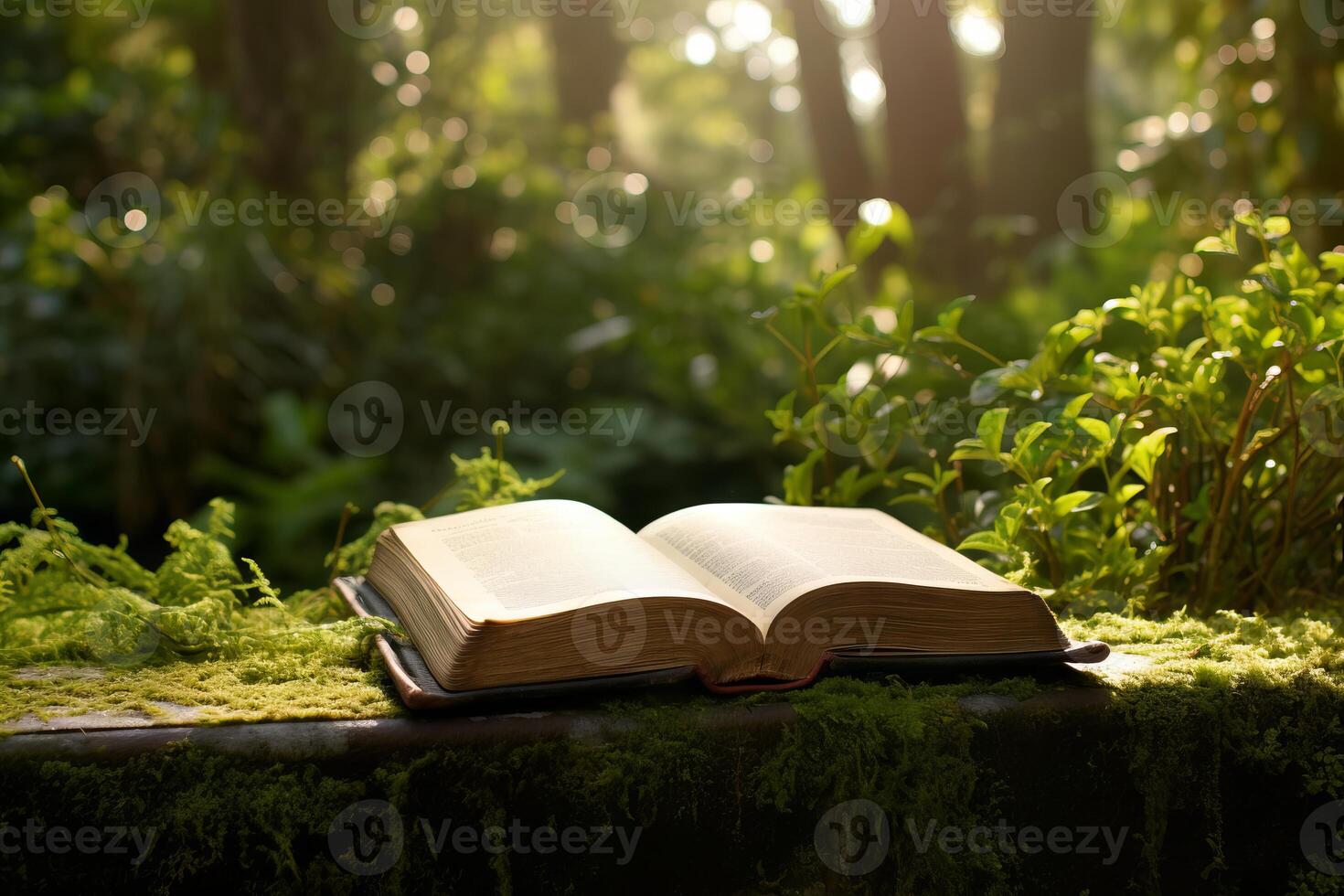 ai genererad bibel visas i en fredlig trädgård. generativ ai foto