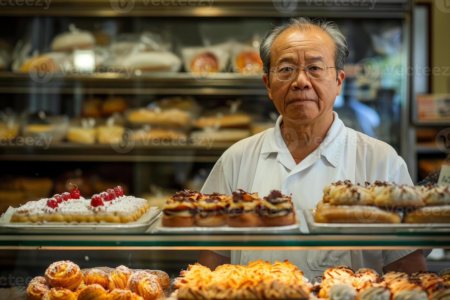 ai genererad asiatisk ägare i bakverk affär. generera ai foto