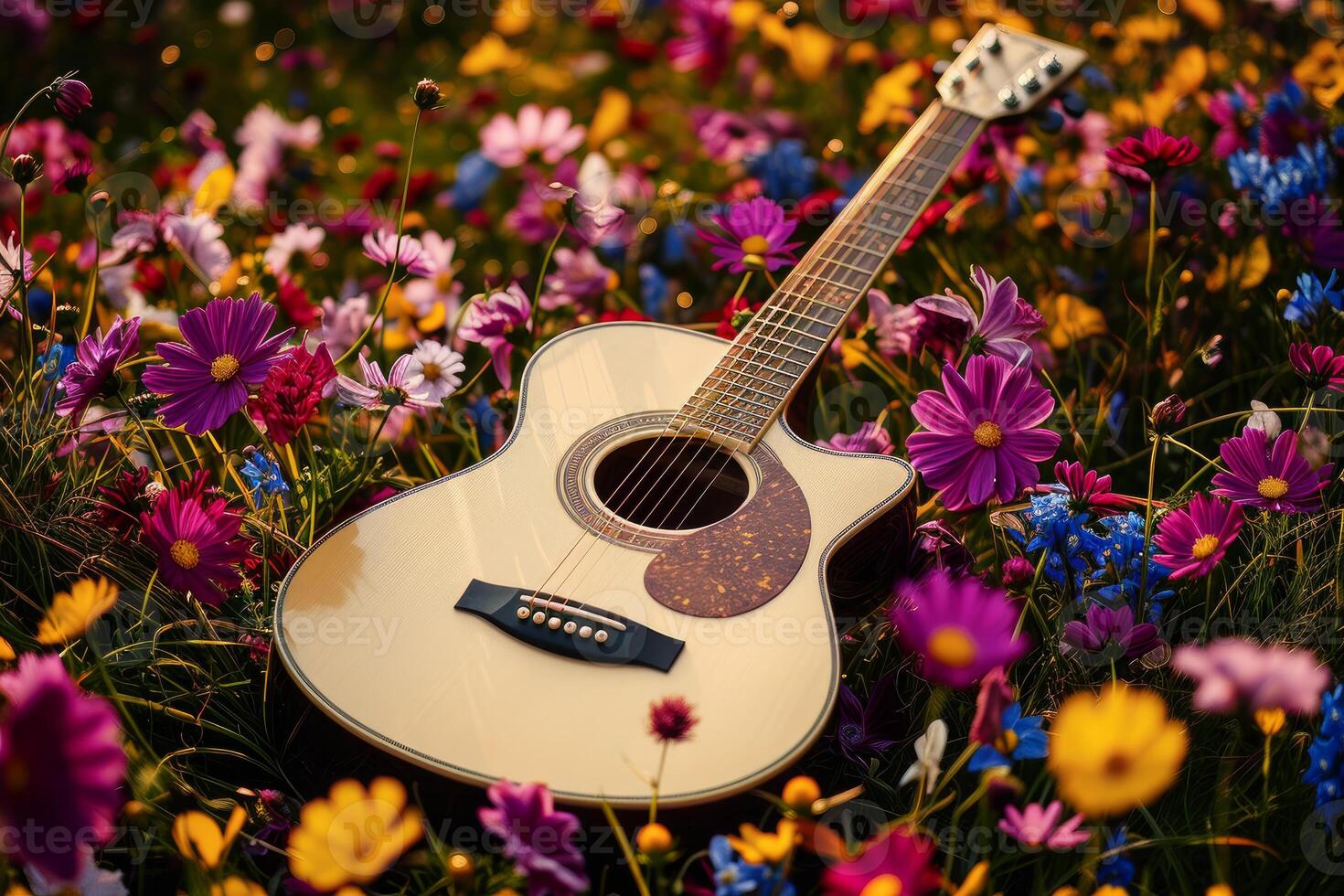 ai genererad akustisk gitarr blommor. generera ai foto