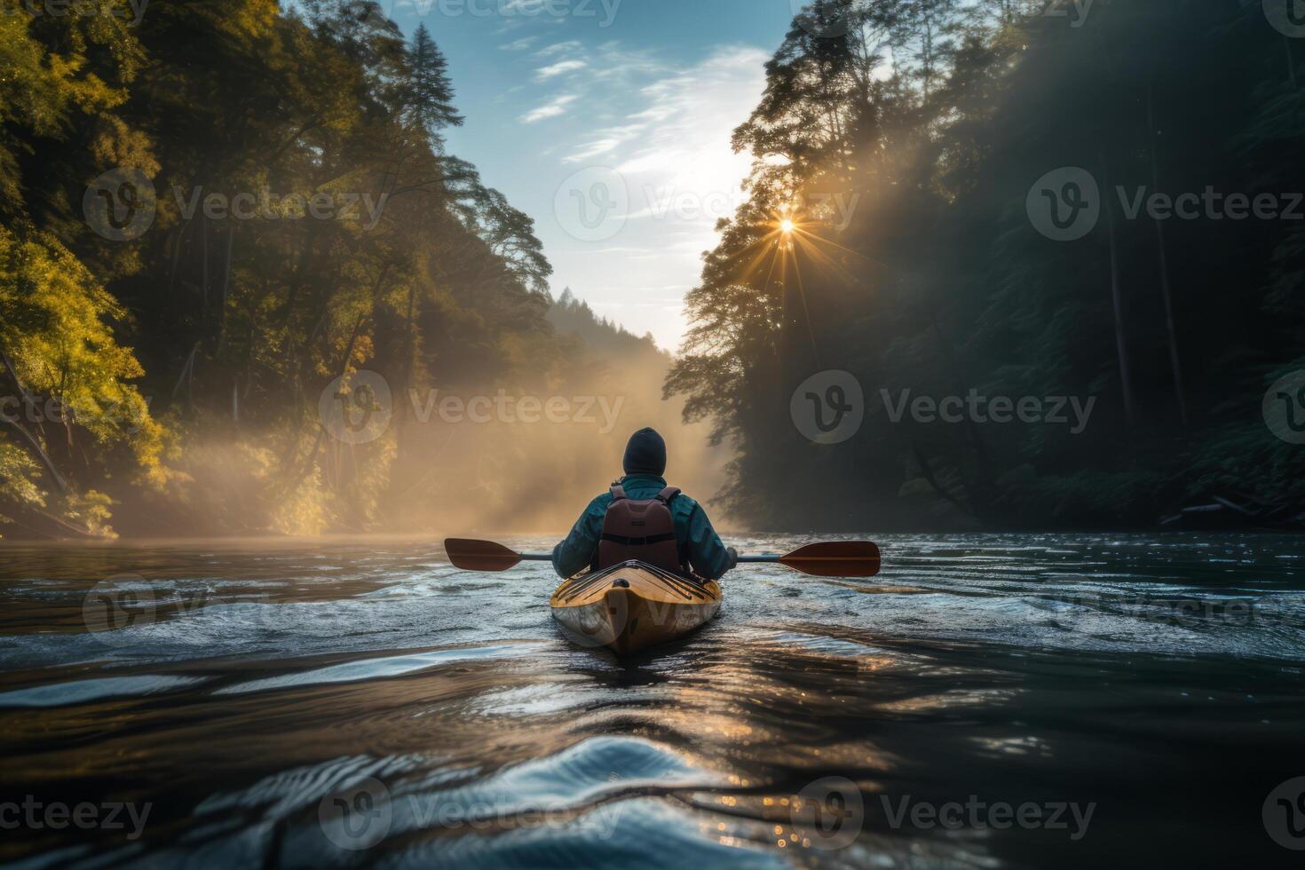 ai genererad en kayaker navigerande en lugn flod, förkroppsligande de rekreations värde av rena vatten. generativ ai foto