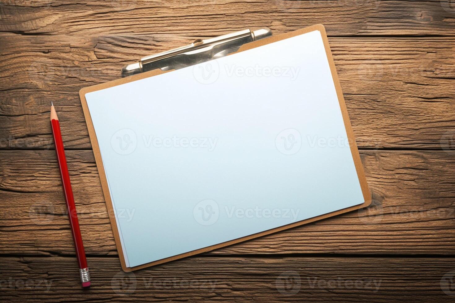 ai genererad mål miljö arbetsyta anteckningsblock med röd penna på brun trä- tabell foto