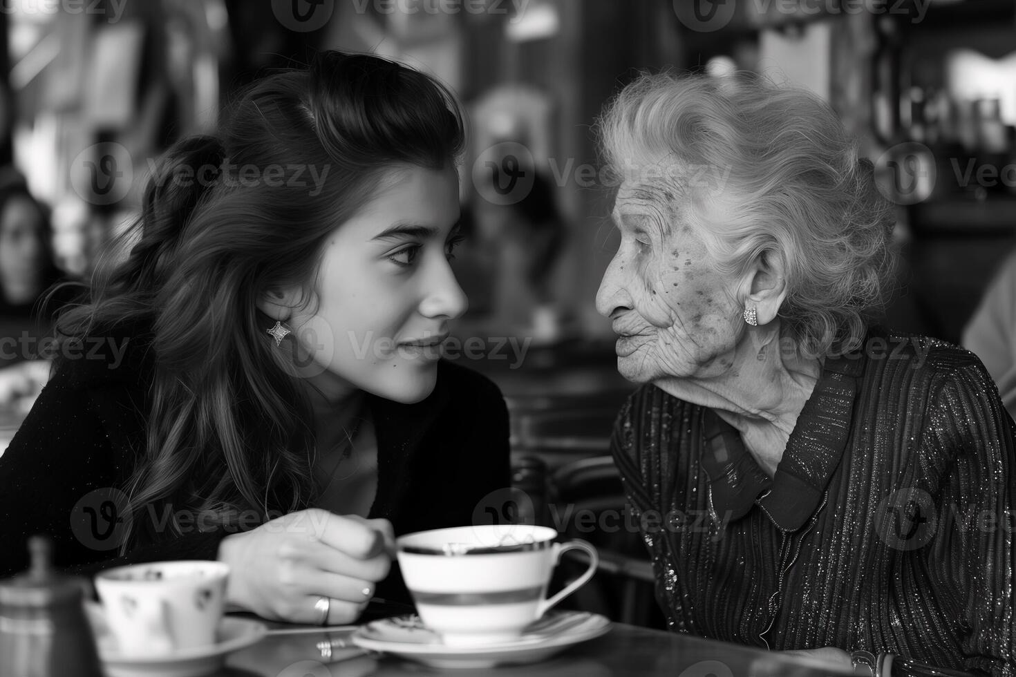 ai genererad äldre mormor med henne liten barnbarn. svartvitt porträtt. foto