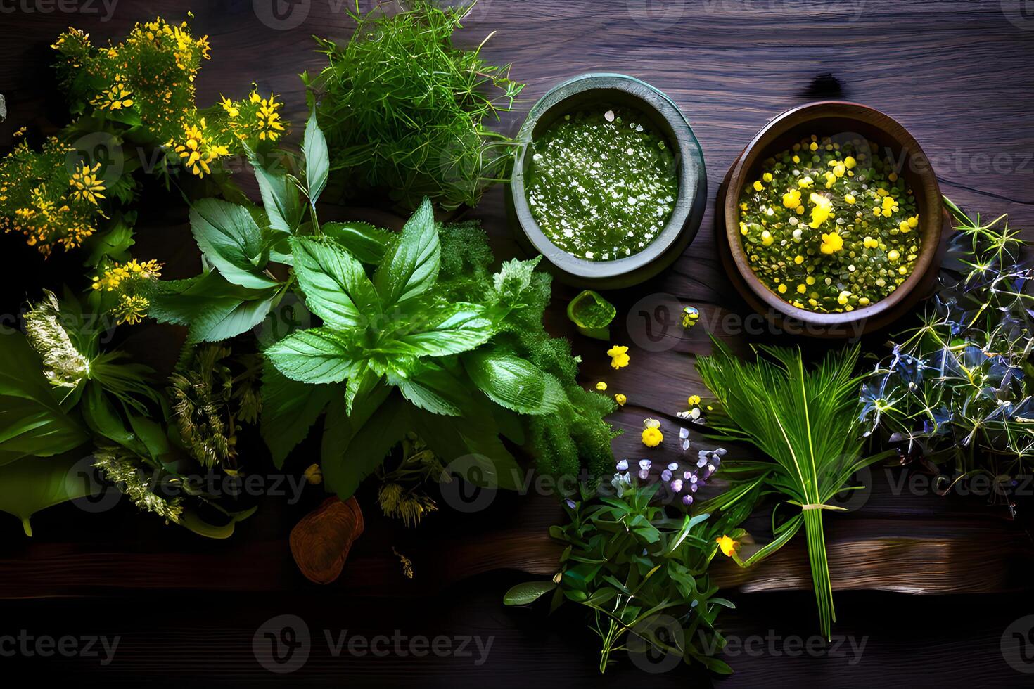 ai genererad ört- och medicinsk växter är anordnad på en trä- tabell foto