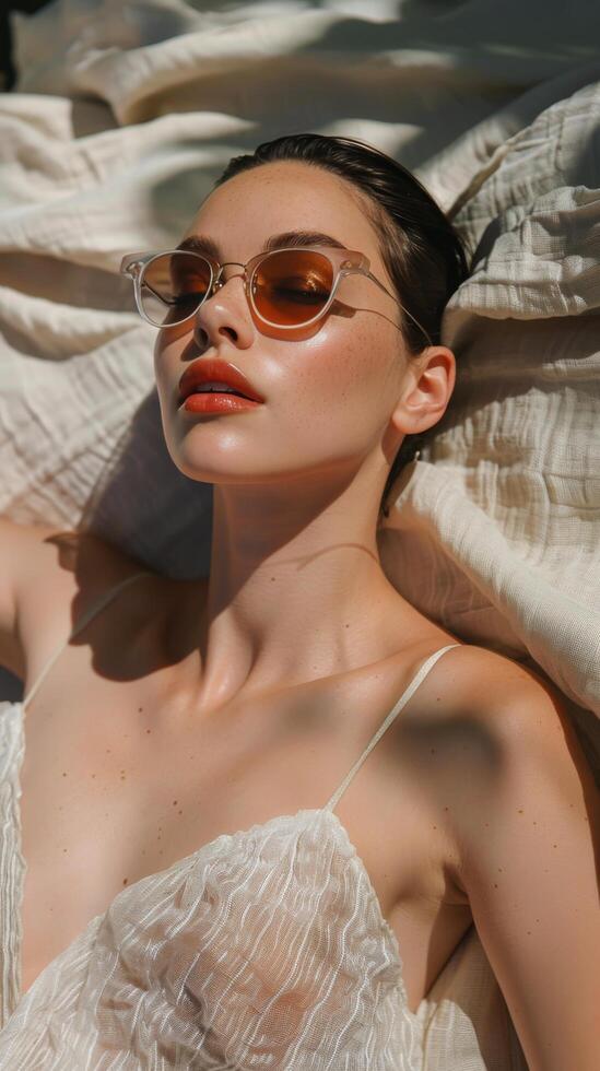 ai genererad kvinna om på säng bär solglasögon foto