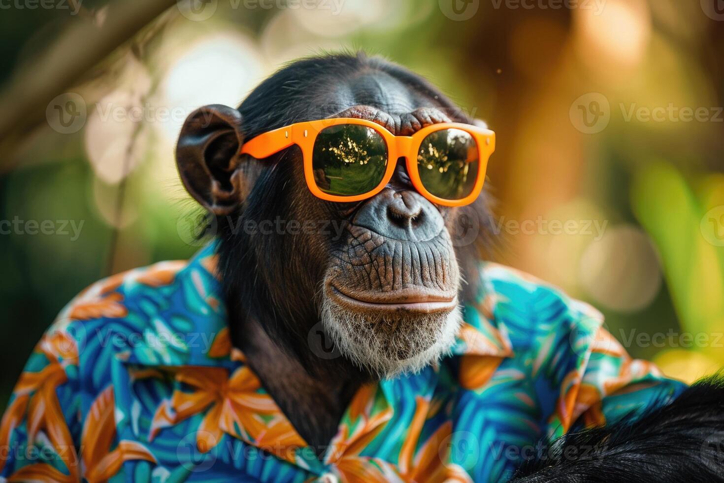 ai genererad en eleganta schimpans påklädning orange solglasögon och en vibrerande hawaiian skjorta foto