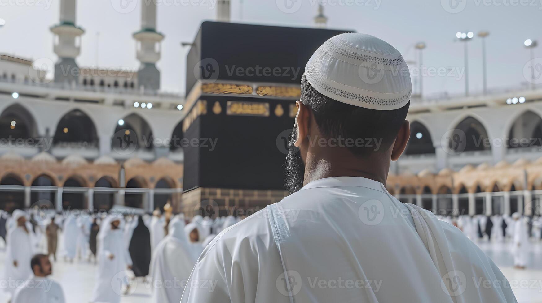 en man i mecka ser mot kaaba foto