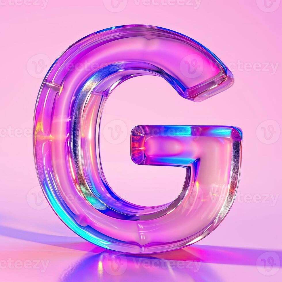 ai genererad brev g, transparent glas effekt. glansig typografisk tecken med plast lila reflexion. foto