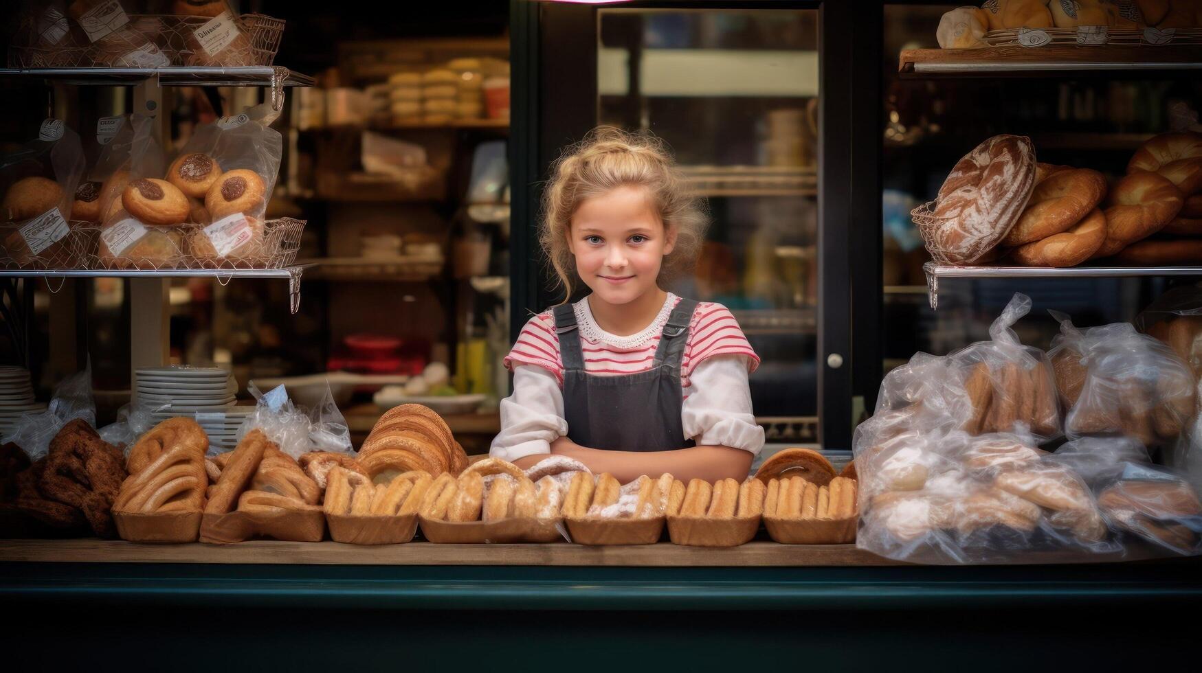 ai genererad liten flicka Bakom de disken säljer bröd. porträtt av barn, arbetssätt som bagare. välja framtida yrke. bageri, små privat affär och familj företag. foto