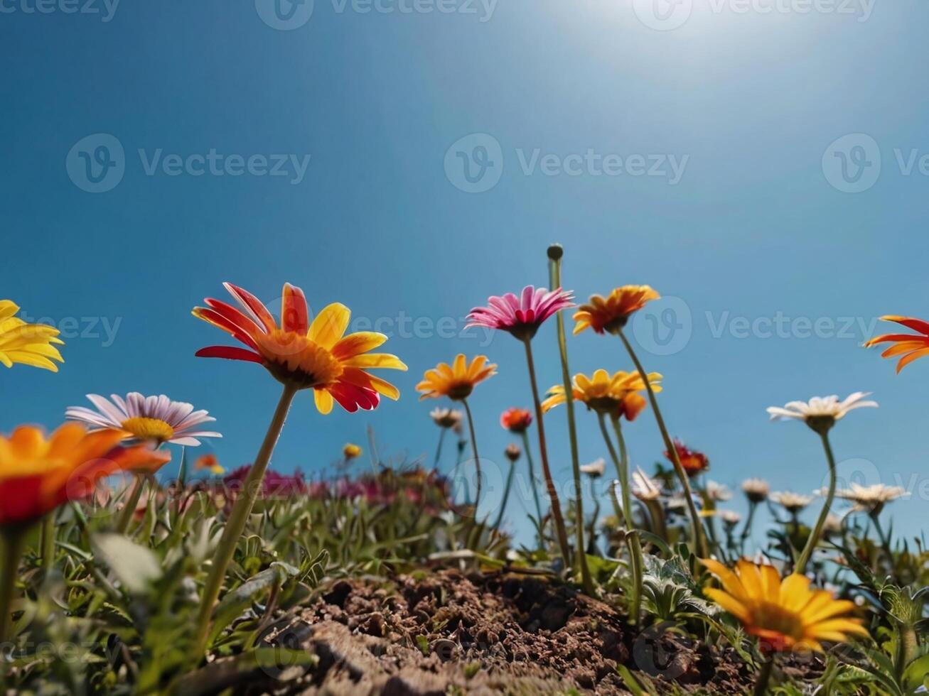 ai genererad låg vinkel av flerfärgad daisy blomma växter i en jord mot blå himmel foto