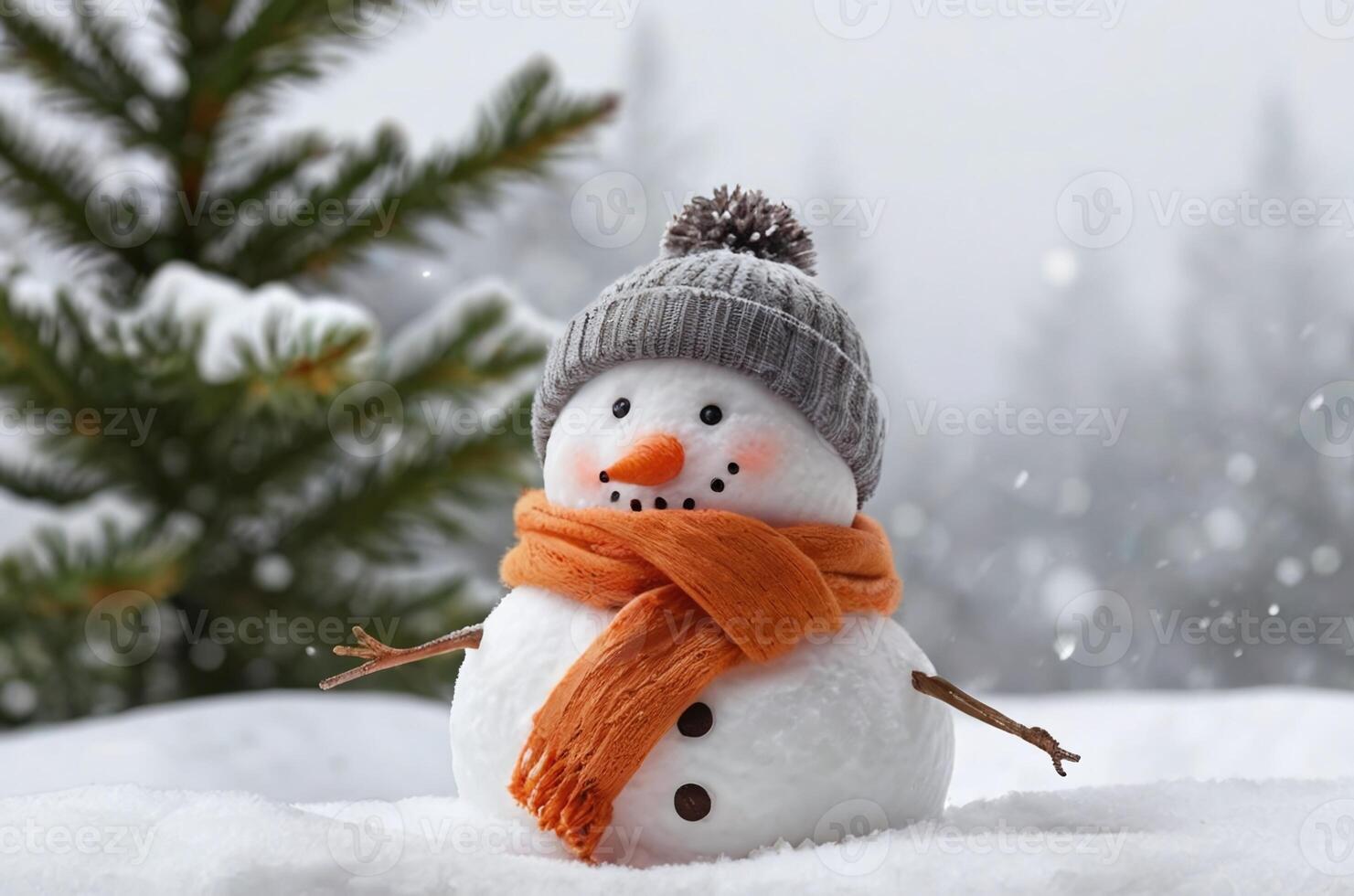 ai genererad en snögubbe med en scarf och orange näsa i snöig väder isolerat i en vit bakgrund med en gran träd och kopia Plats område foto