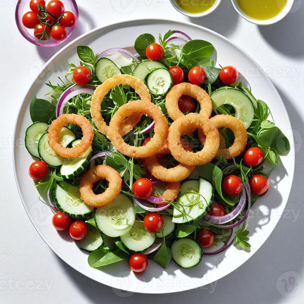 ai genererad en vibrerande och färgrik sallad spricker med färsk grönsaker, uppsättning mot en rena vit bakgrund. foto