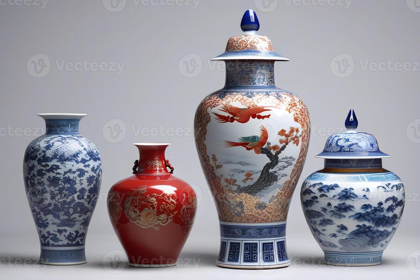 ai genererad en uppsättning av kinesisk gammal vas av porslin isolerat på en vit bakgrund foto