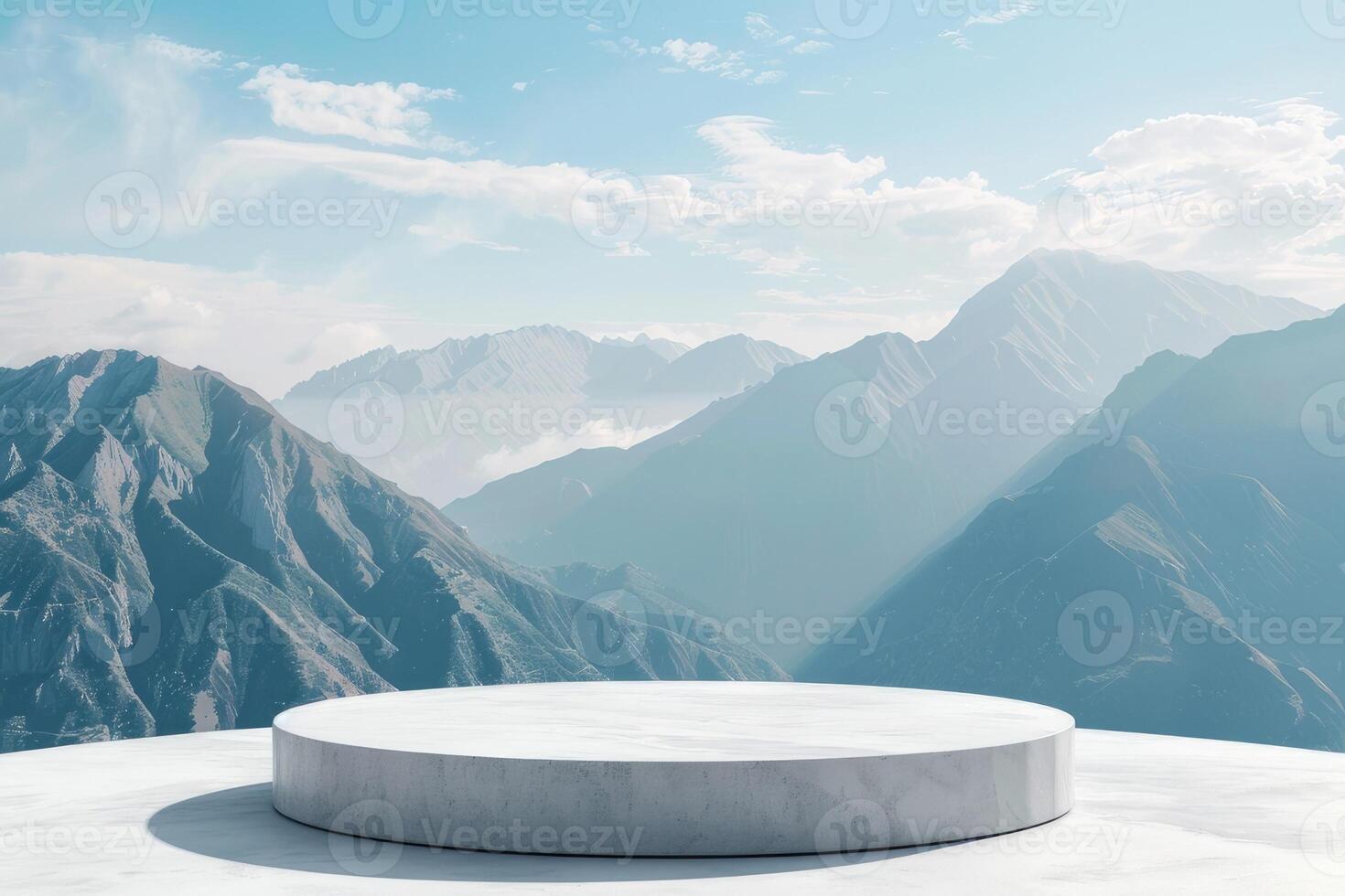 ai genererad vit podium för produkt presentation mot de bakgrund av berg. ai-genererad innehåll. foto