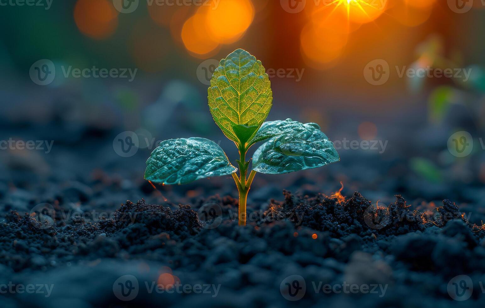 ai genererad ung växt växande i de morgon- ljus och bokeh bakgrund foto