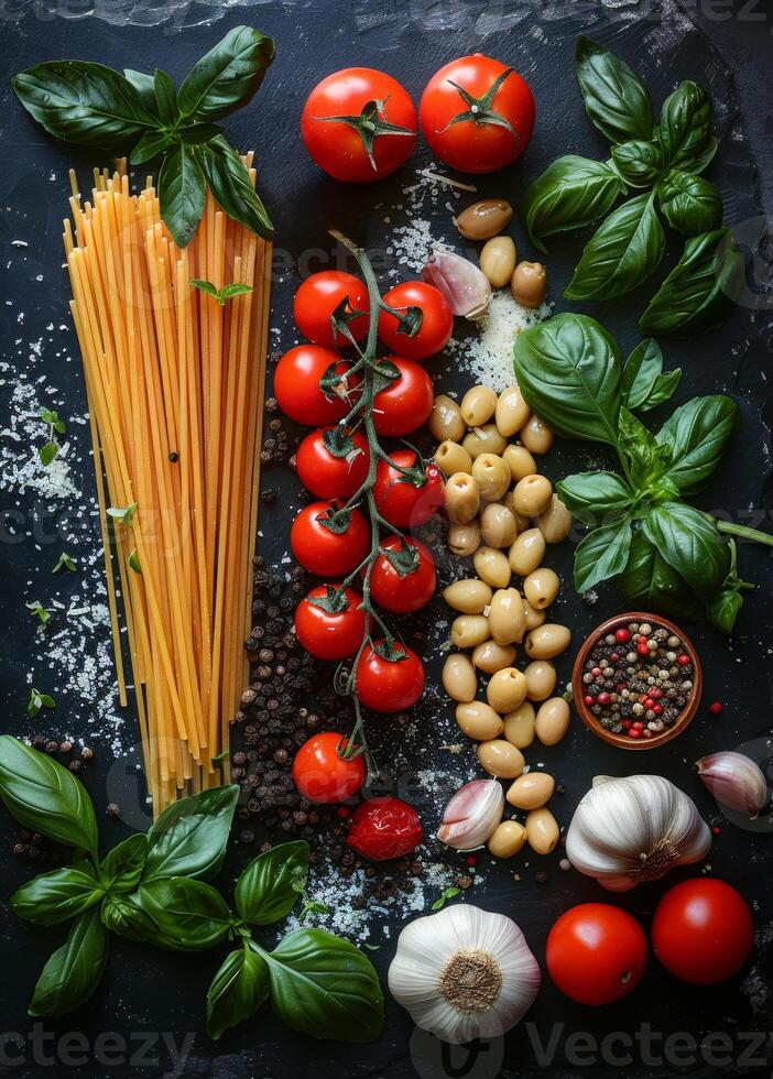 ai genererad pasta Ingredienser och färsk tomater med basilika och kryddor på svart bakgrund foto