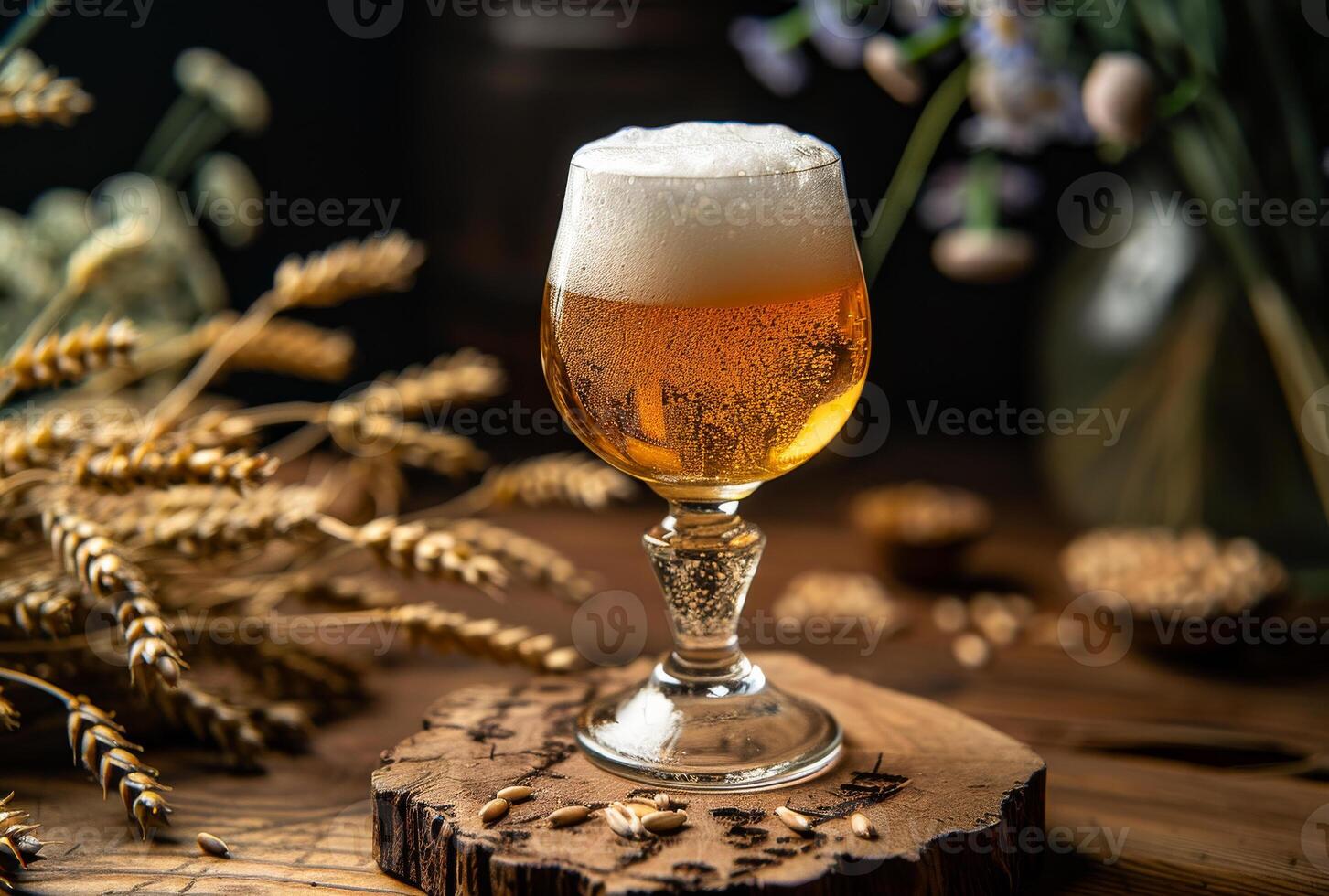 ai genererad glas av kall ljus öl med skum på trä- tabell foto