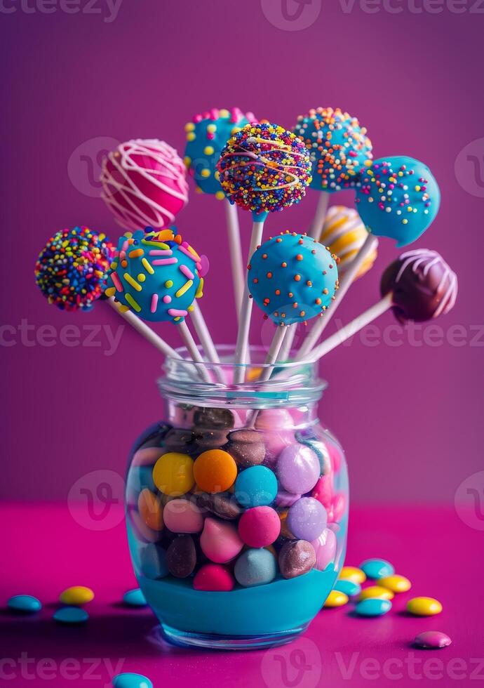 ai genererad färgrik kaka poppar i glas burk och godis på rosa bakgrund foto