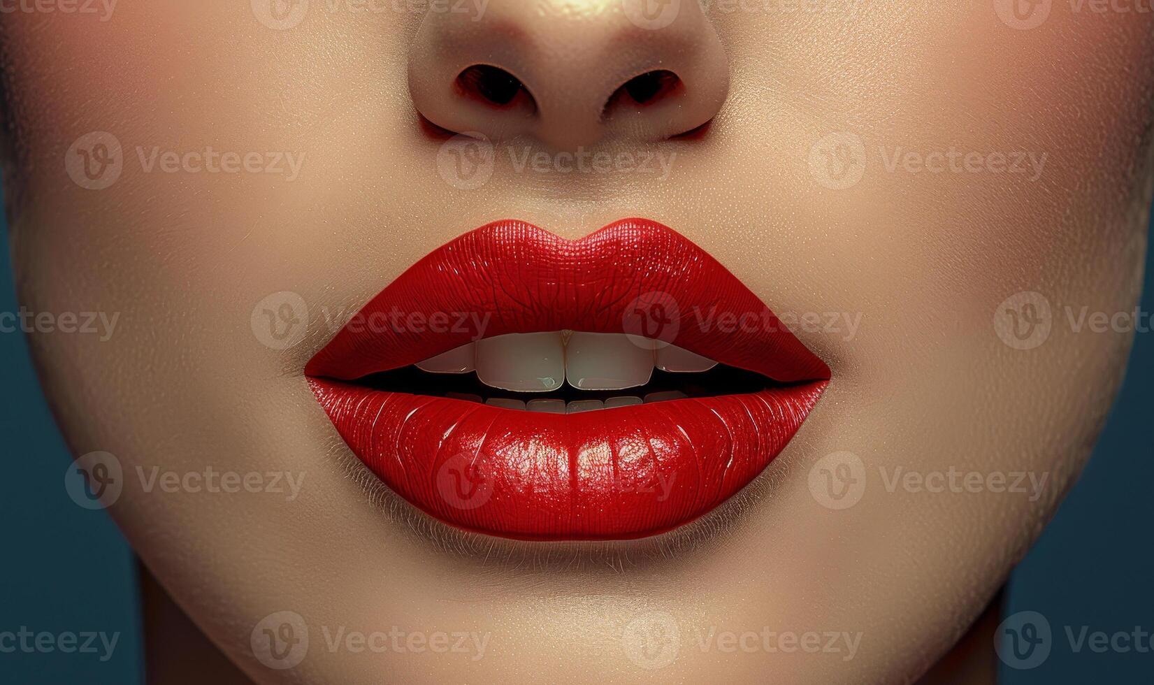 ai genererad kvinna är bär röd läppstift och henne mun är målad ljus röd. foto
