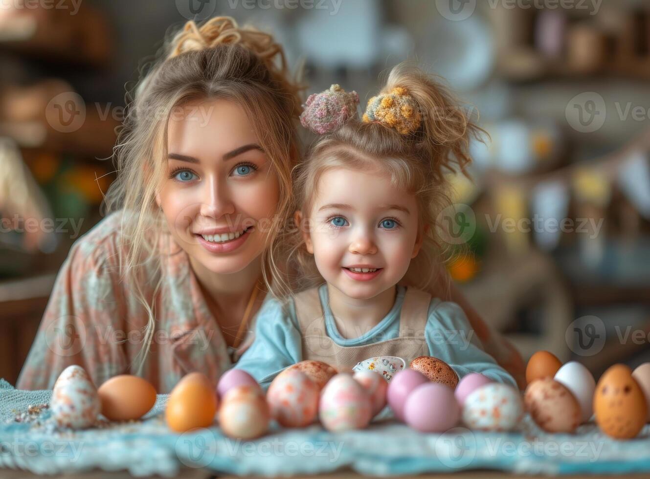 ai genererad mor och dotter leende på tabell full av påsk ägg. foto