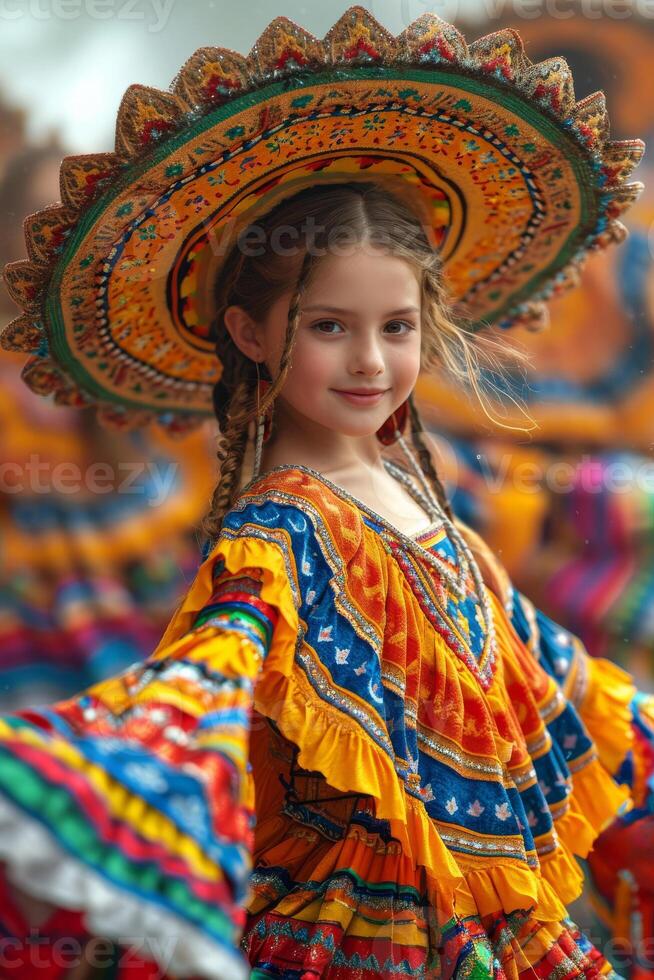 ai genererad skön liten flicka i traditionell mexikansk kostym danser och spelar i de parkera foto